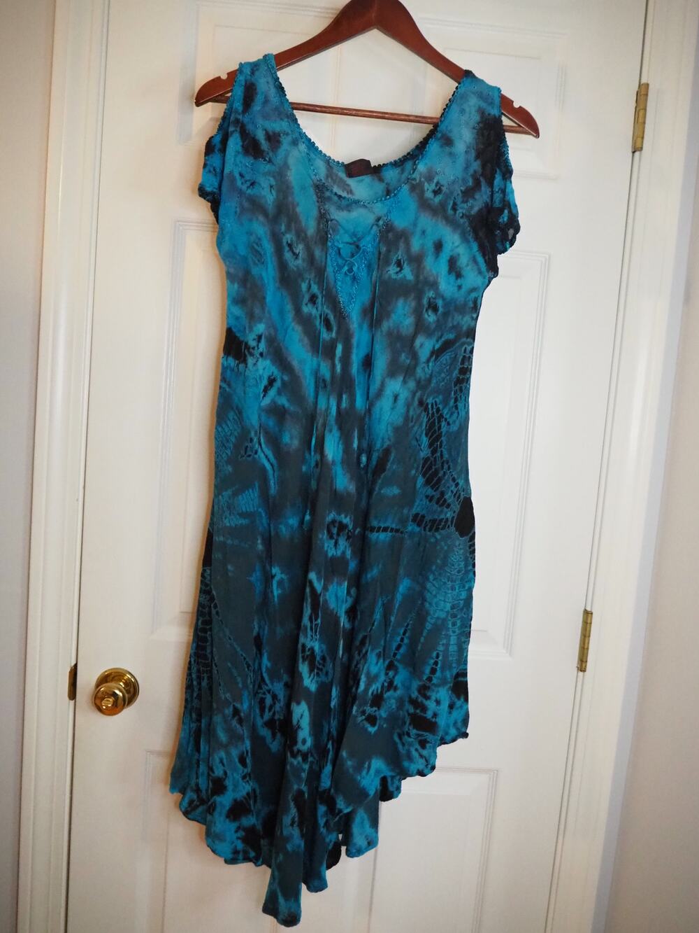 Advance Apparels 19288 Teal Tie Dye Cold Shoulder Dress Free Size Boho Rayon